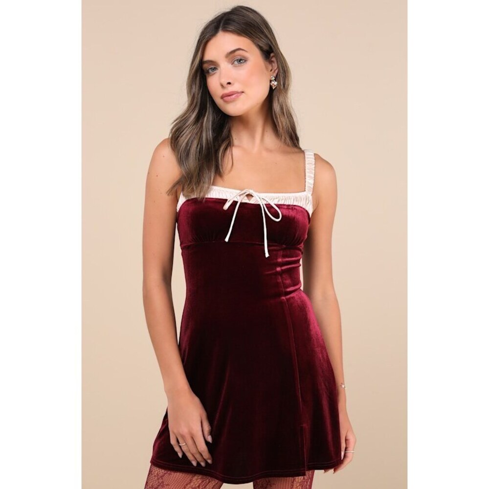 Lulus Charmed Appeal Burgundy Velvet Satin Bow Mini Dress Red - Size L
